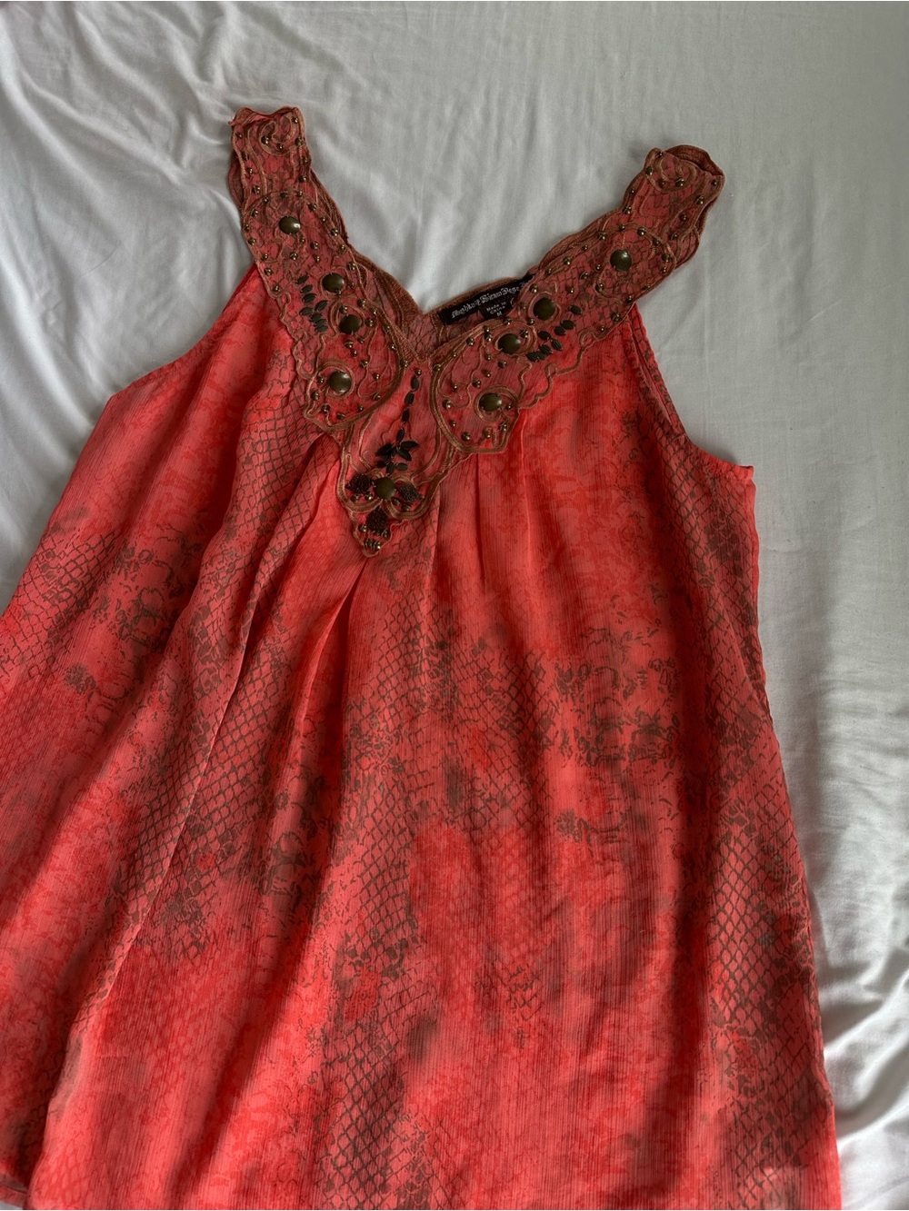 Y2K Sienna Rose Coral Red Embellished V Neck Tonic